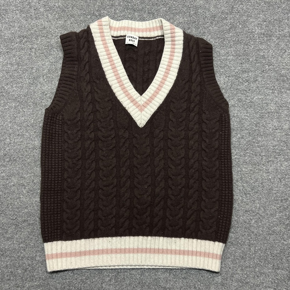 Sunday Best Sweater Vest Womens 2XS Brown Cable Knit V Neck Preppy Striped Trim